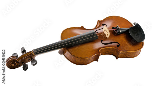 Fotografie Brown wooden Violin with Black strings and Ebony Fingerboard