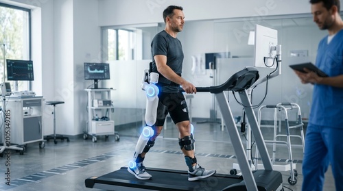 Patient using a futuristic sleek exoskeleton suit for lower body rehabilitation