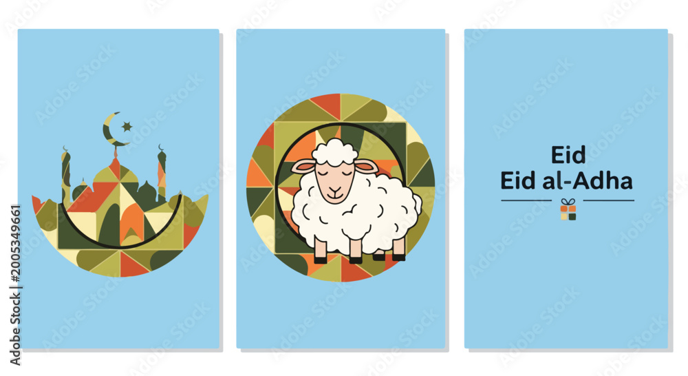 Fototapeta premium Minimalist vector graphic illustration features a sheep and mosque for Eid celebration.