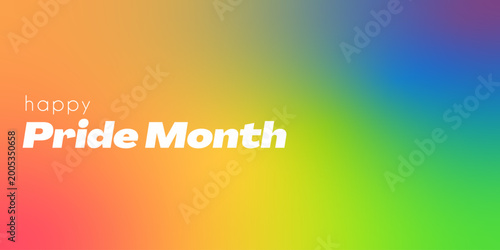Vibrant rainbow gradient background with Happy Pride Month typography. Minimalist LGBTQ celebration banner, colorful blurred transition header for social media, website, or digital marketing. Vector.
