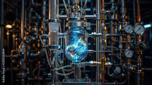 Extraction process of precious rare earth elements refinement concept. A captivating science experiment with colorful glass apparatus.