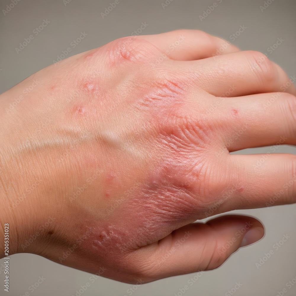 Fototapeta premium Close up of Atopic Dermatitis on Woman s Hand Redness Inflammation Dry Skin Texture Medical High Resolution Dermatology Image Eczema Affected Area Shallow Depth of Field Soft Natural Lighting