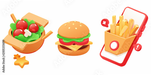 Bild auf Leinwand Isometric fast food burger fries and salad delivered by smartphone