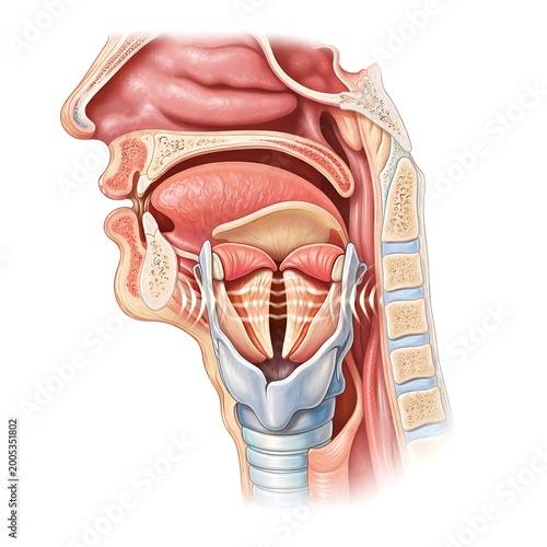 Anatomical illustration of human larynx and vocal cords showing sound production