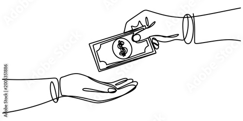 One line drawing of a person handing over a dollar bill to another person representing a financial transaction or payment concept Vector, illustration