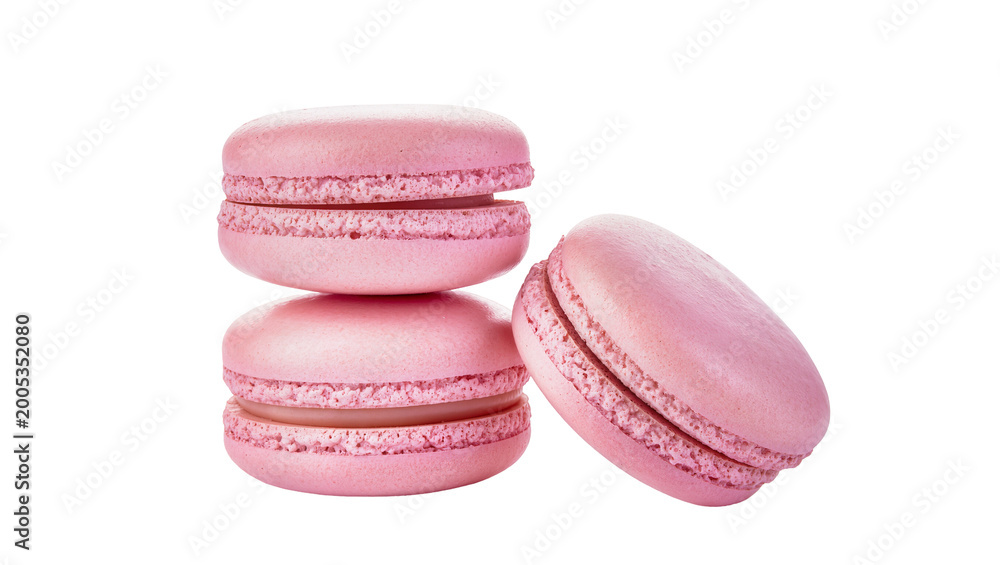 Fotografie Pink Raspberry Macarons Stacked Together on a Plain Surface