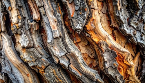 Close up of textured tree bark with swirling patterns and rich natural colors