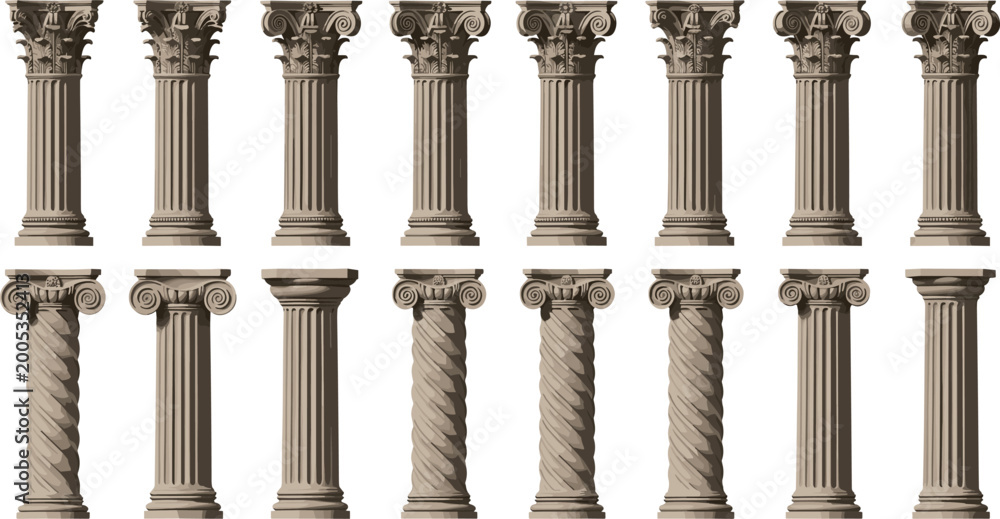 Fototapeta premium Classical Columns Collection with Ionic Corinthian and Twisted Pillars Ancient Architecture Elements Flat Vector Illustration Set