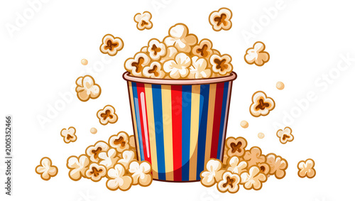 Striped Bucket Overflowing with Yellow Popped Corn Kernels