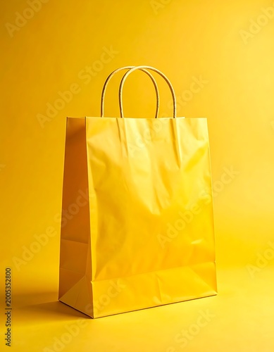 A bright yellow paper shopping bag on a matching yellow background