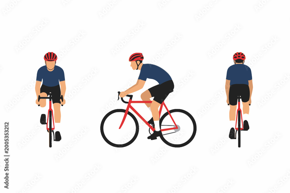 Fototapeta premium Cyclist Riding Road Bike Front Side Back View Flat Vector