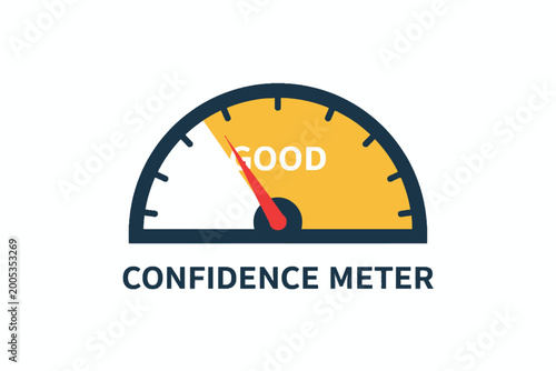 Confidence meter gauge pointing to good level on white background