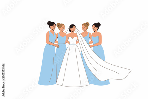 Billede på lærred Bride with bridesmaid standing together on white vector illustration