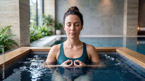 Woman taking a cold plunge at a recovery room concept. A woman meditates peacefully in a modern spa setting.