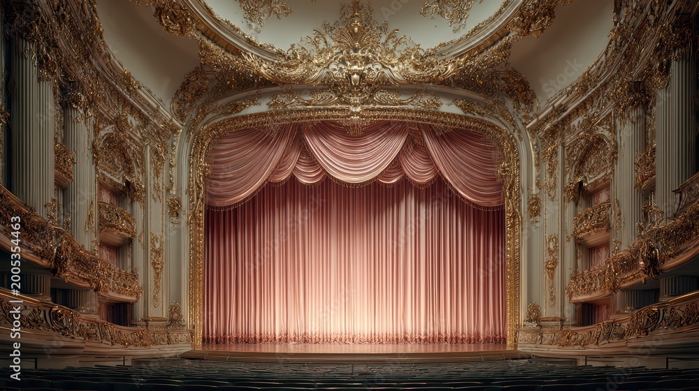Obraz premium High-end theatre interior stage, closed curtains, gold ornamentation, dramatic yet elegant, empty scene, 8k realism