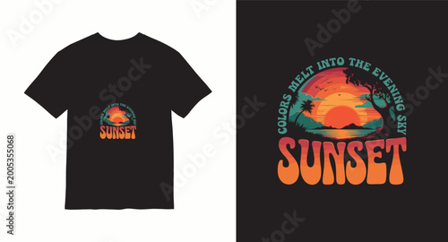 Colors melt into evening sky, sunset t-shirt design with vibrant landscape and trees, summer retro apparel.