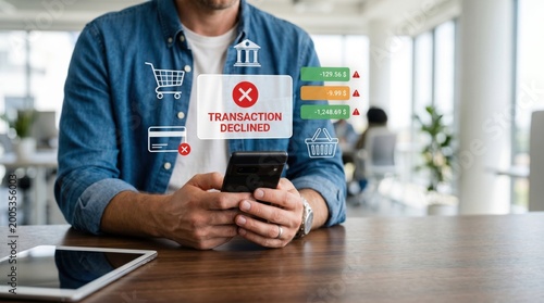 Man holding smartphone with transaction declined notification, credit card error message and shopping cart icons illustrating failed online payment or financial issue.