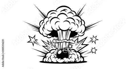 Photography Explosion Bomb Comic Style Black and White