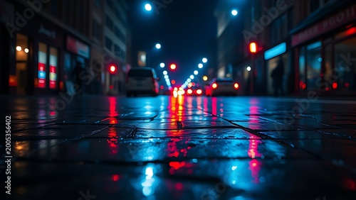 Dramatic blue and red light reflections on wet pavement in an atmospheric urban night scene.
