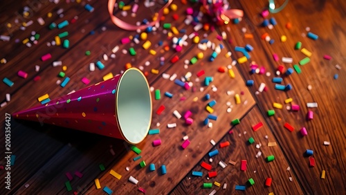 Festive party horn surrounded by confetti on a wooden table.