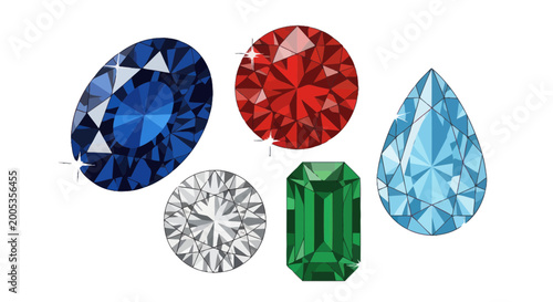 Foto Assortment of Precious Gemstones: Sapphire, Ruby, Emerald, Diamond, Aquamarine