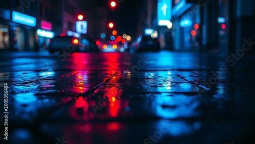 Blue and red light reflections on wet pavement at night, capturing urban mystery and atmosphere.