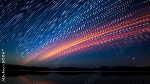 Night sky ablaze with electric blue and fiery orange meteor trails mirrored in a tranquil lake.