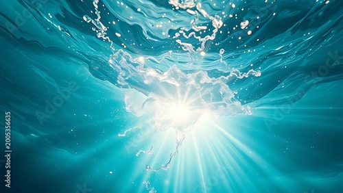 Abstract underwater scene with fragmented light beams in turquoise water, evoking a sense of fluid motion.