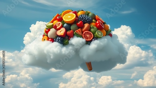 Vibrant brain-shaped clouds composed of colorful fruits and vegetables, symbolizing mental clarity.
