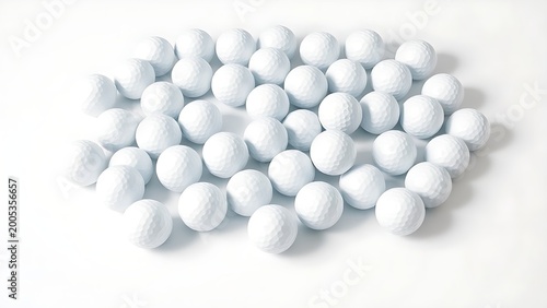 Precisely arranged white golf balls on a clean white background, showcasing minimalist design and soft shadows.