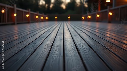 Wooden deck at twilight with warm ambient lighting, offering a peaceful and atmospheric outdoor setting.
