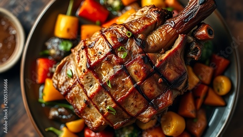 Roasted pork with vibrant vegetables, showcasing a delicious and colorful culinary presentation.