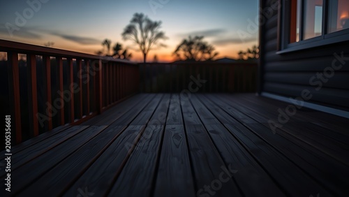 Wooden deck at twilight with a warm ambient glow and serene atmosphere.