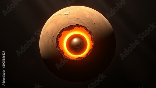 A cross-section visual of Mars revealing its glowing, solid metallic core at the center.
