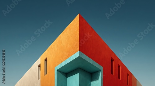 Modern minimalist geometric building corner featuring vibrant orange and teal painted walls with sharp architectural lines set against a clear blue sky on a bright sunny day
