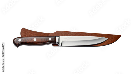 Photography Wooden handled chef s knife with brown sheath and stainless steel blade