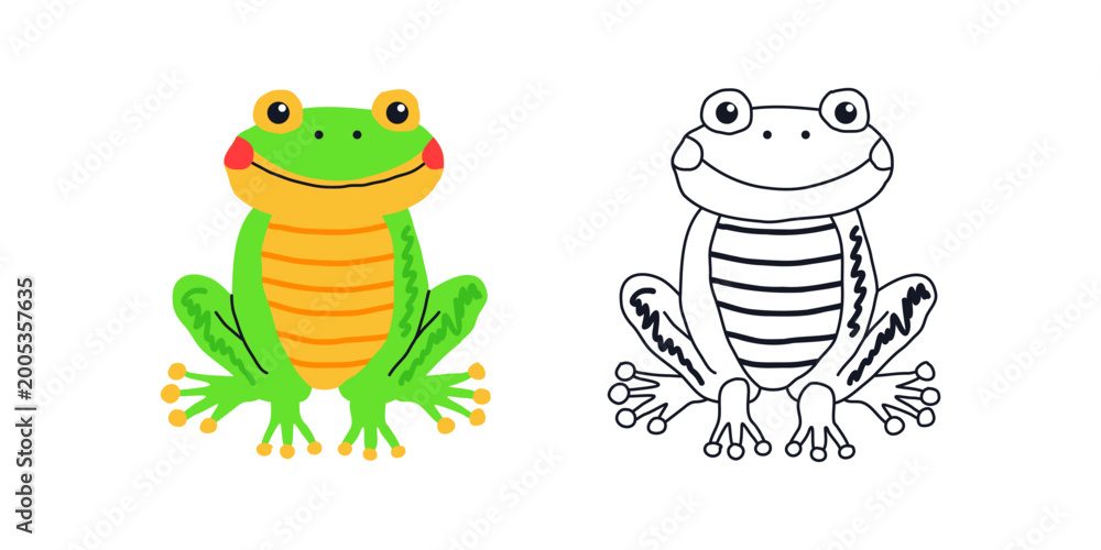 Naklejka premium Frog Vector with Color and Outline Versions. Animal Illustration Isolated on Background