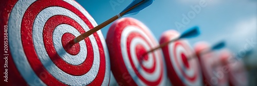 Archery targets with arrows hitting the bullseye in a row under clear blue sky representing success and precision in business goals and strategic achievement for corporate growth