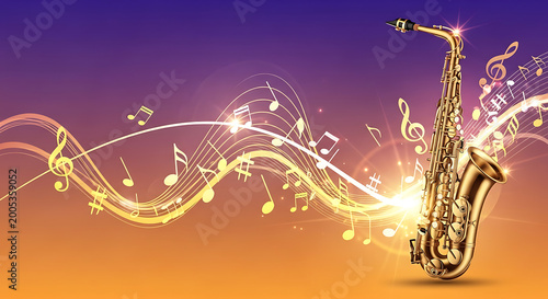 golden saxophone with musical notes and swirling lines against colorful gradient