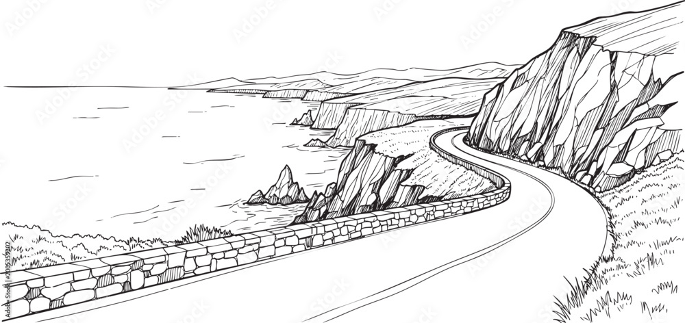 Obraz premium coastal road landscape line art, hand-drawn vector sketch of a winding road along ocean cliffs and mountains.