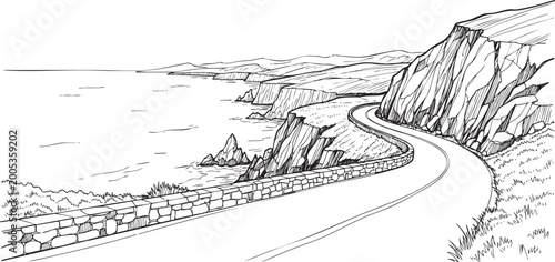 coastal road landscape line art, hand-drawn vector sketch of a winding road along ocean cliffs and mountains.
