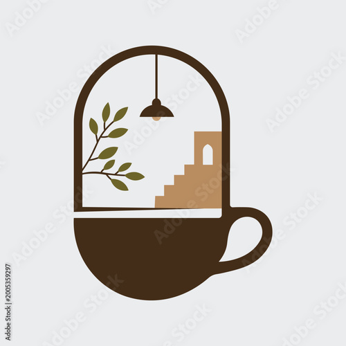 Tea cup or coffee shop logo icon vector with leaves