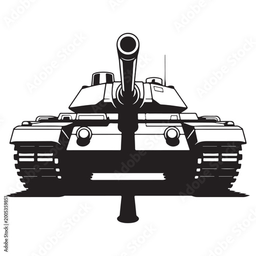 Front view of a military tank turret and body black and white silhouette high quality professional detailed modern elegant stylish clean
