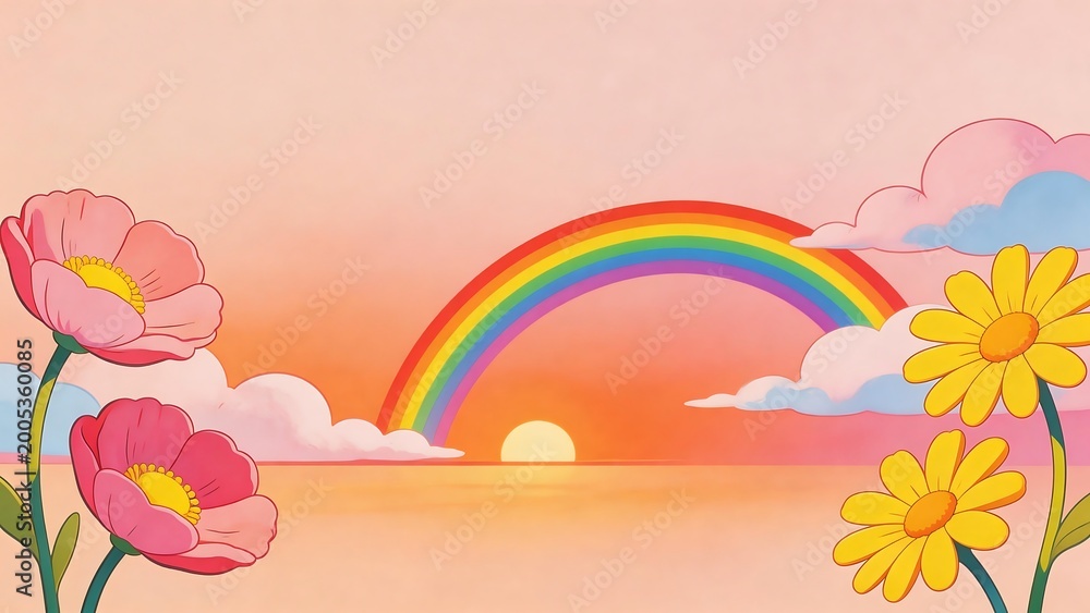 Naklejka premium Rainbow sunset with flowers