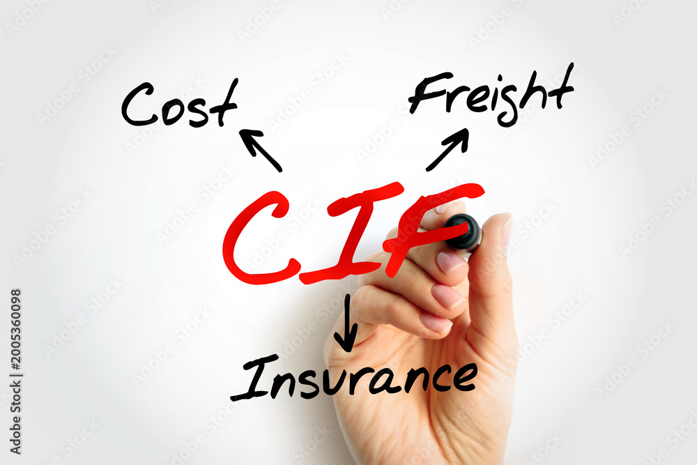 Obraz premium CIF Cost Insurance Freight - seller delivers their part of the contract when the goods pass the ship's rail in the port of shipment, acronym text concept background