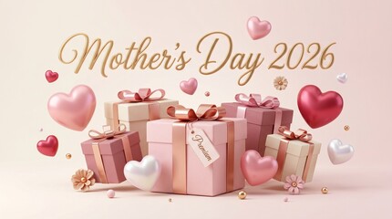 Mother’s Day 2026 Celebration Banner with Pink Gift Boxes, Hearts, and Elegant Golden Typography on Soft Background