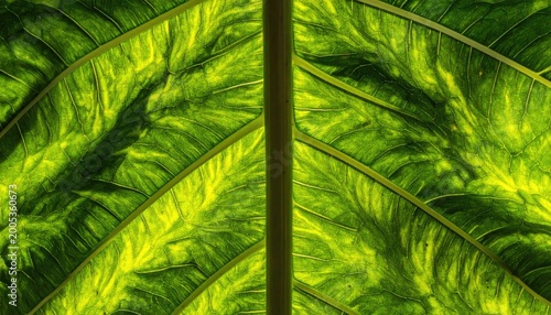 Close up of vibrant green leaf veins illuminated by sunlight