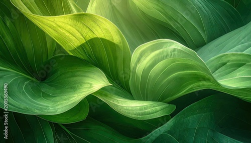 Close up of vibrant green leaves with sunlight highlighting texture and form
