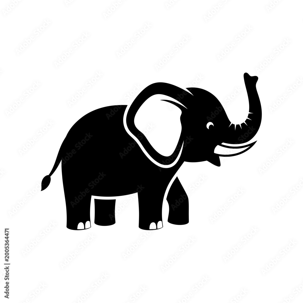 Obraz premium Cute Black Elephant Silhouette Icon with Trunk Raised, Vector Illustration