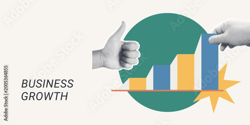 Trendy Halftone Collage of a halftone thumbs up hand beside a rising bar chart with star burst, symbolizing business growth and approval, ideal for corporate, finance, and success content.